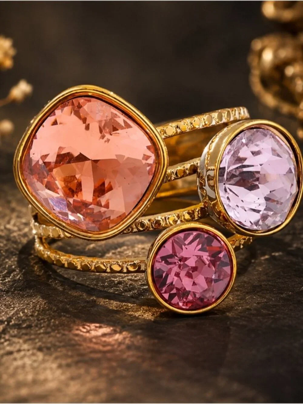 18 K Gold plated Stackable Ring Set with Peach, Lavender and Rose Stones